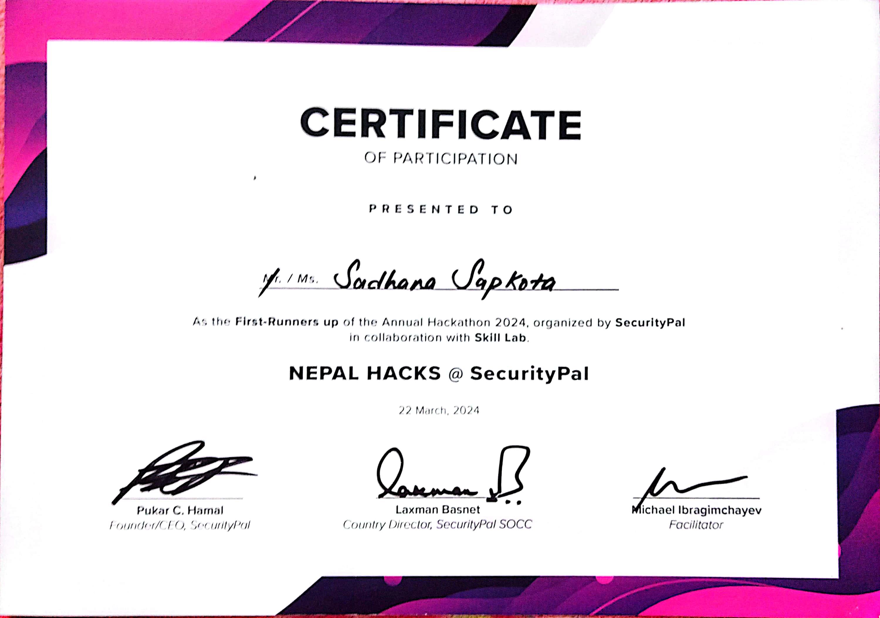 NepalHacks certificate
