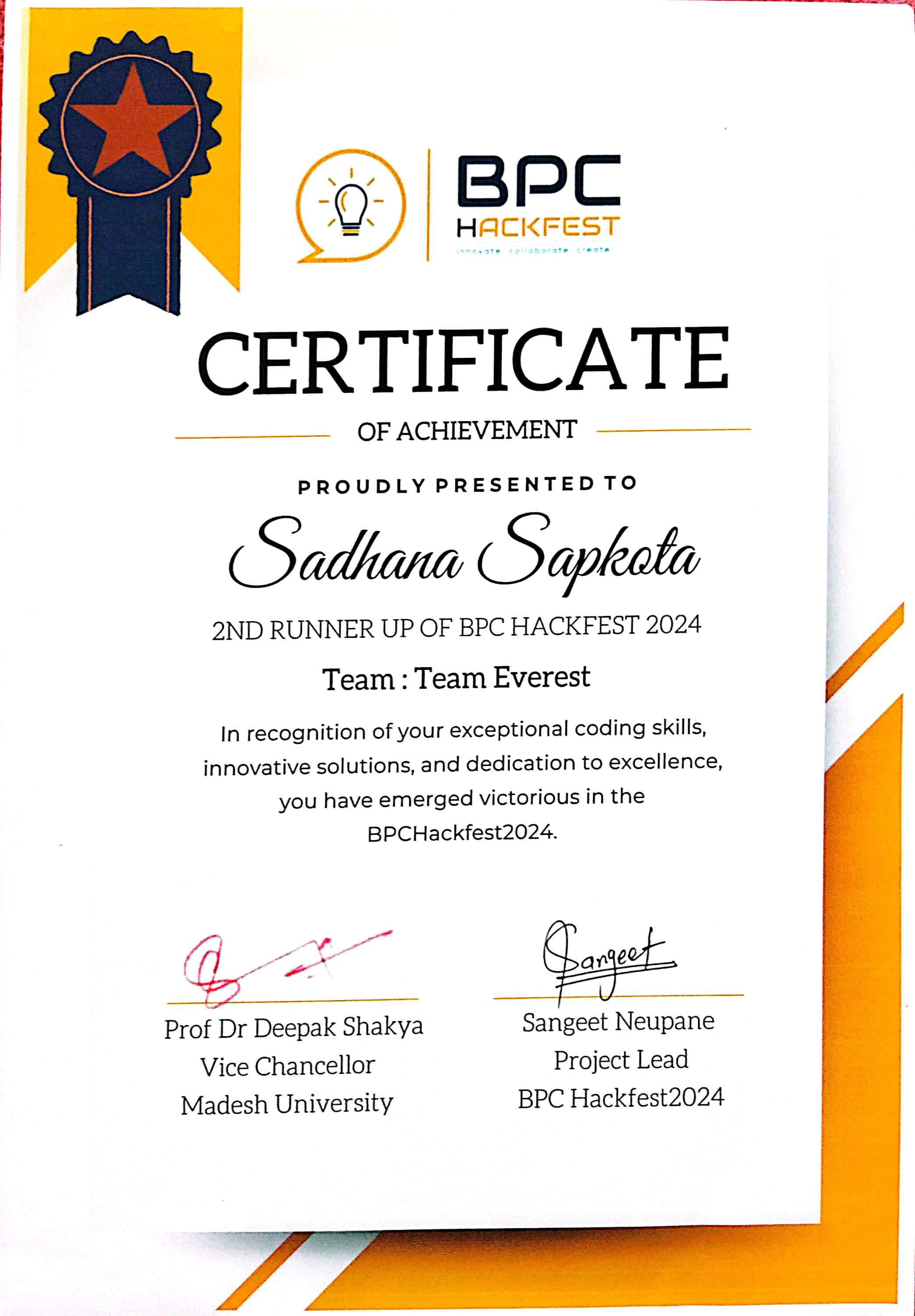 BPC Hackathon certificate