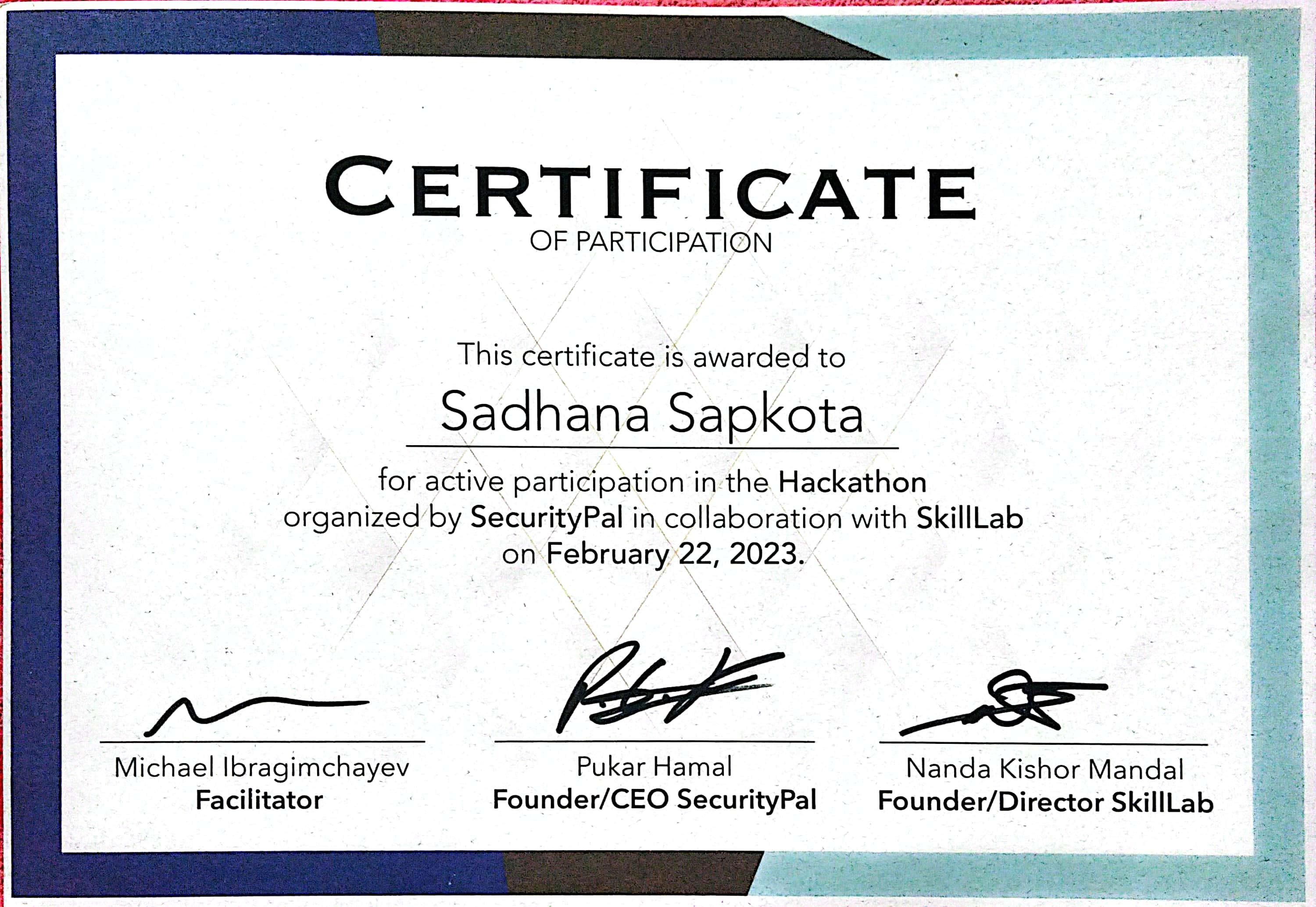 SecurityPal Hackathon certificate
